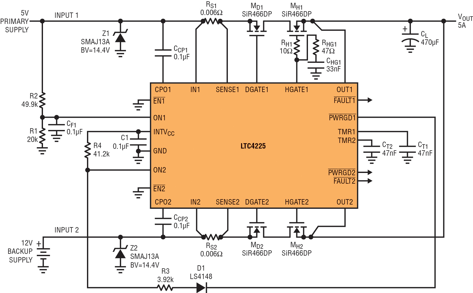 Figure 4 - LTC4225 for 2-channel power prioritiser with IN1 as the prioritising input